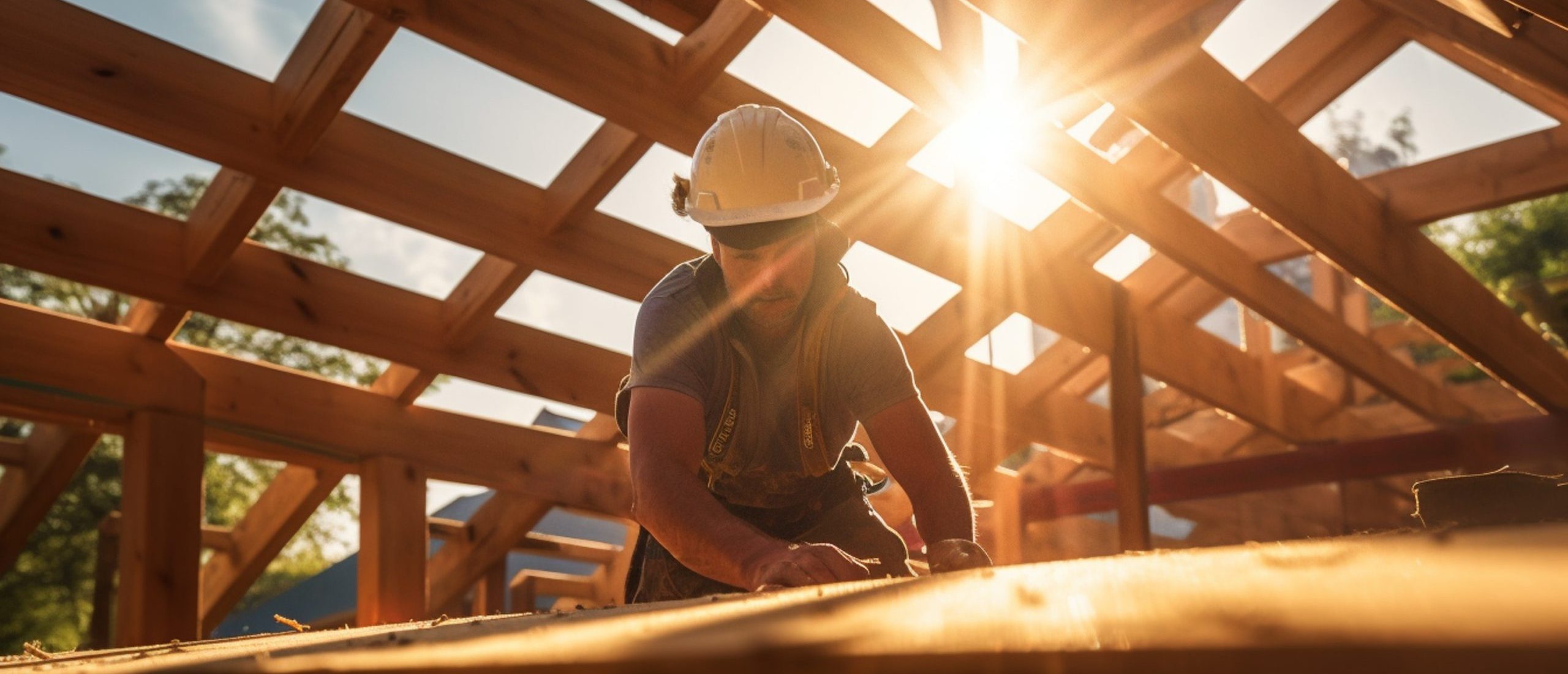 a male building tradesman works on a wooden roof structure